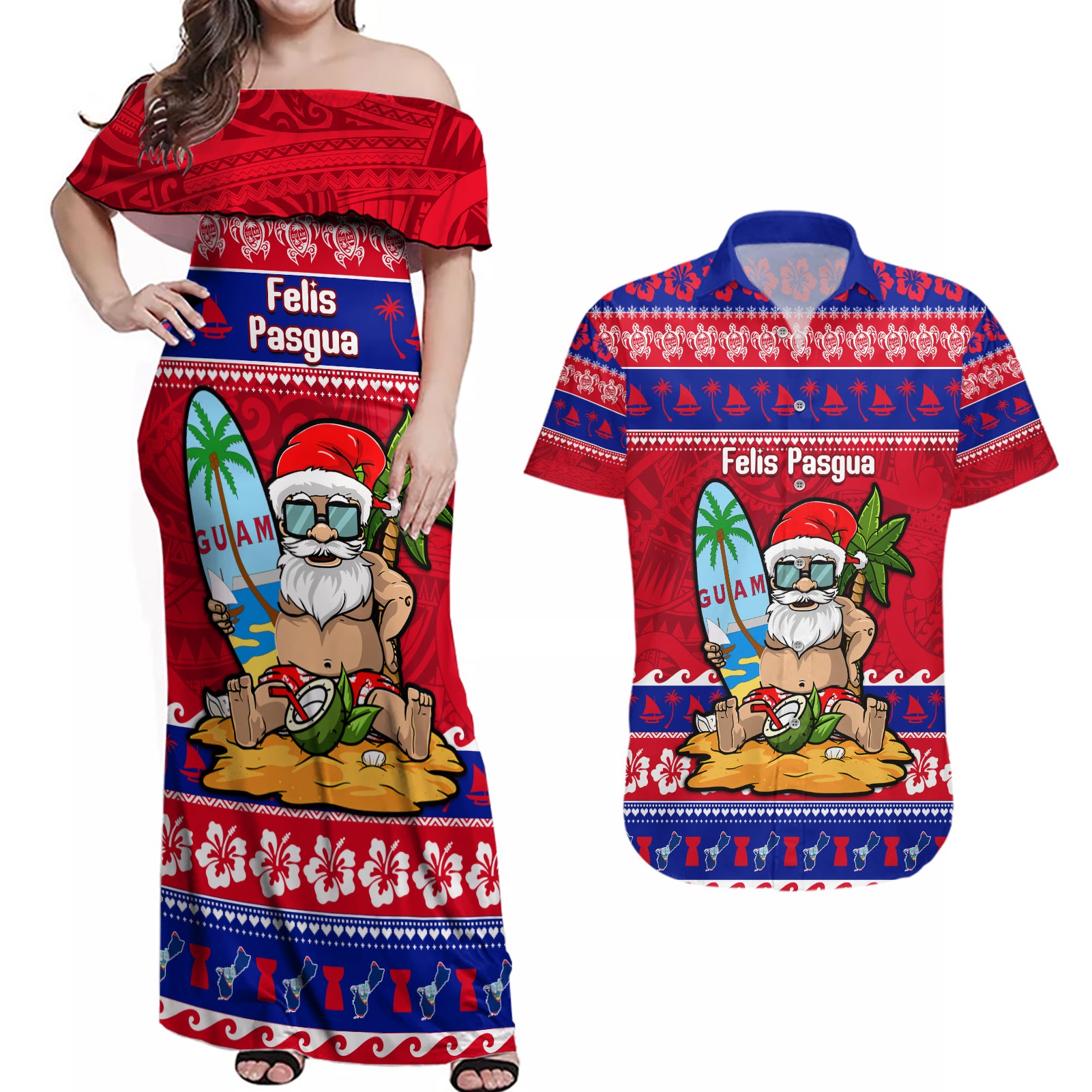 Custom Guam Christmas Couples Matching Off Shoulder Maxi Dress and Hawaiian Shirt Guaman Santas Felis Pasgua LT14 Blue - Polynesian Pride