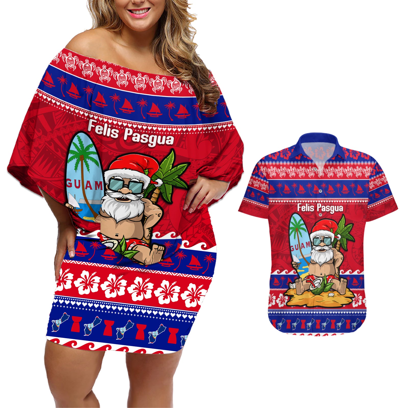 Custom Guam Christmas Couples Matching Off Shoulder Short Dress and Hawaiian Shirt Guaman Santas Felis Pasgua LT14 Blue - Polynesian Pride