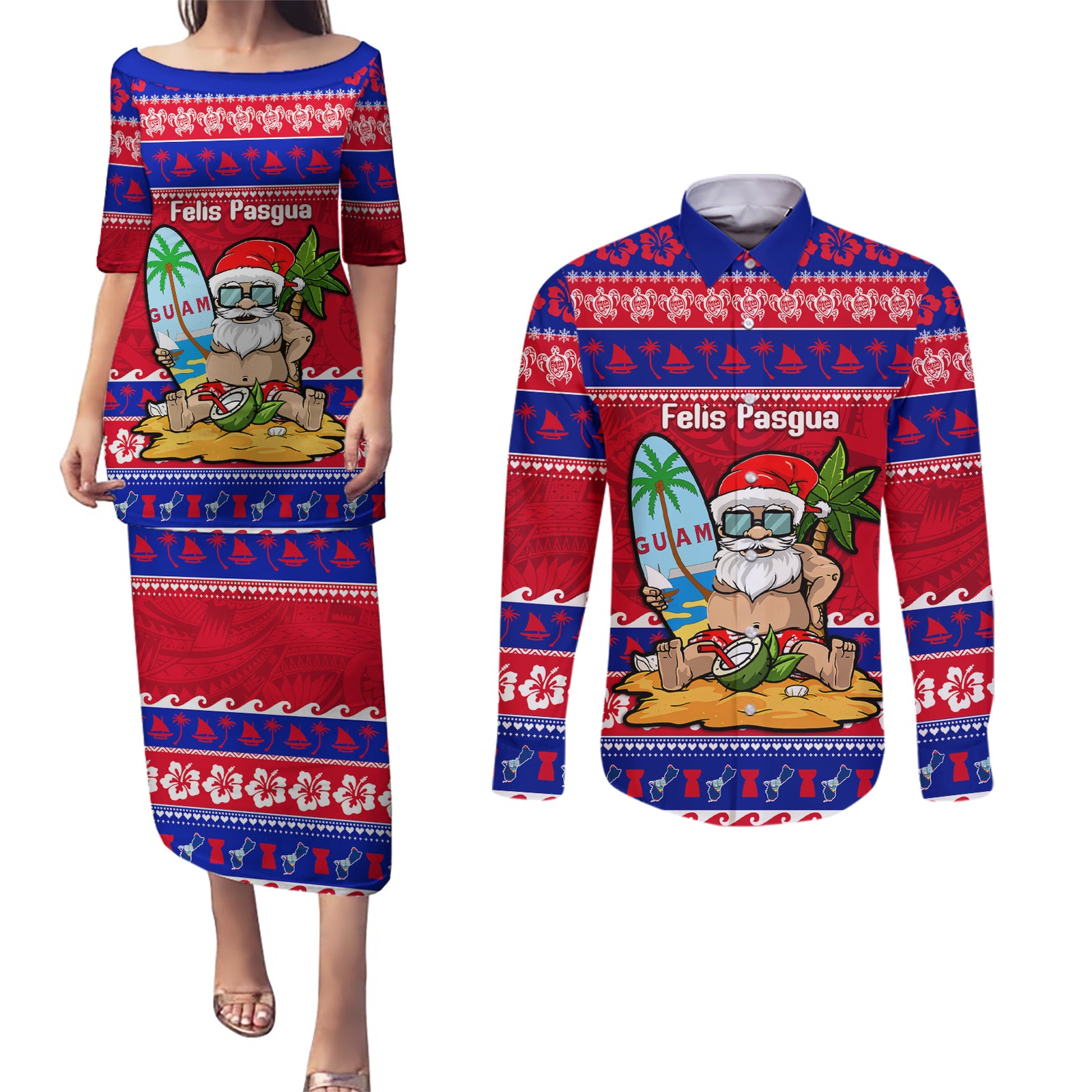 Custom Guam Christmas Couples Matching Puletasi Dress and Long Sleeve Button Shirt Guaman Santas Felis Pasgua LT14 Blue - Polynesian Pride