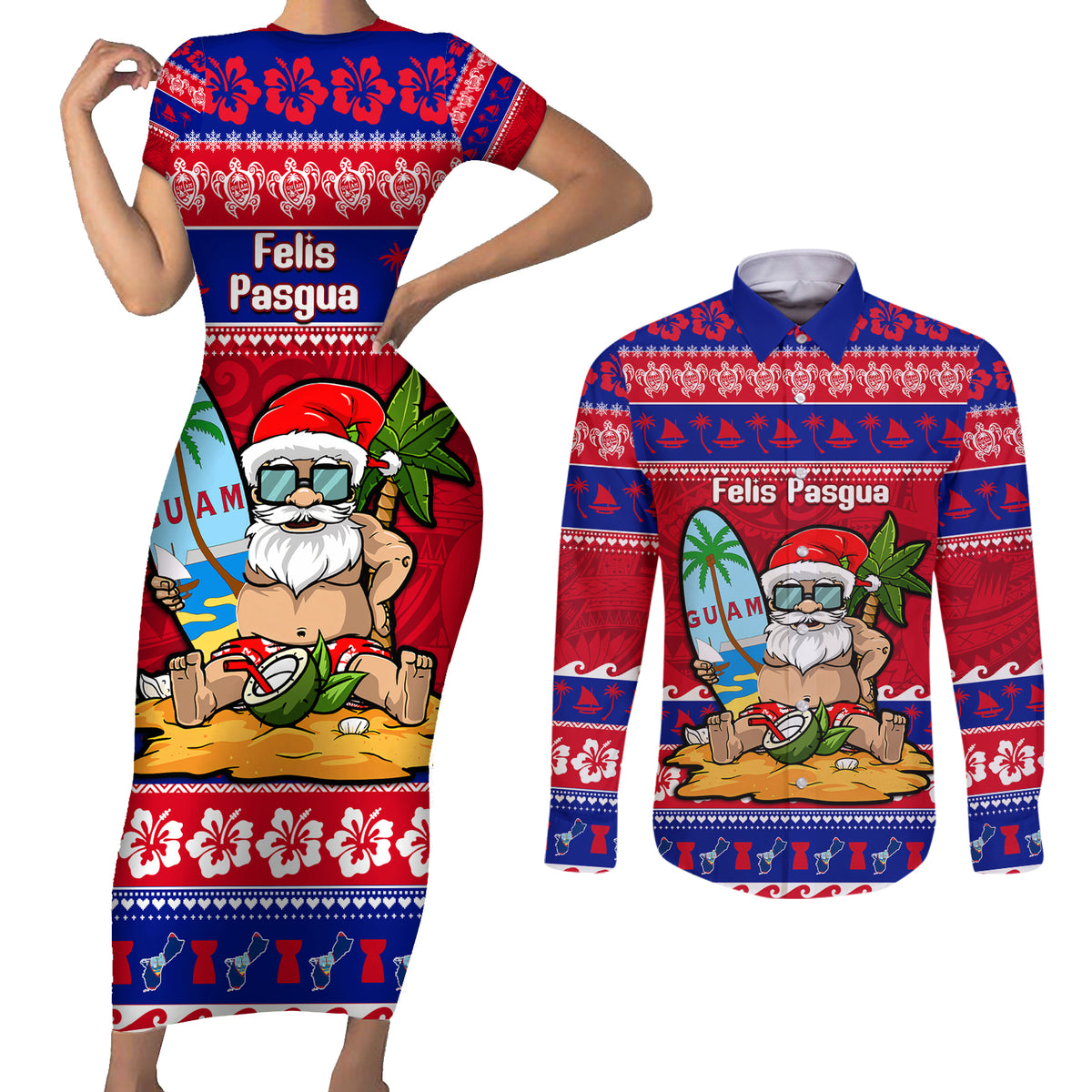 Custom Guam Christmas Couples Matching Short Sleeve Bodycon Dress and Long Sleeve Button Shirt Guaman Santas Felis Pasgua LT14 Blue - Polynesian Pride