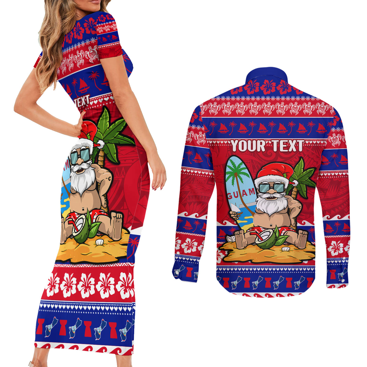 Custom Guam Christmas Couples Matching Short Sleeve Bodycon Dress and Long Sleeve Button Shirt Guaman Santas Felis Pasgua LT14 - Polynesian Pride