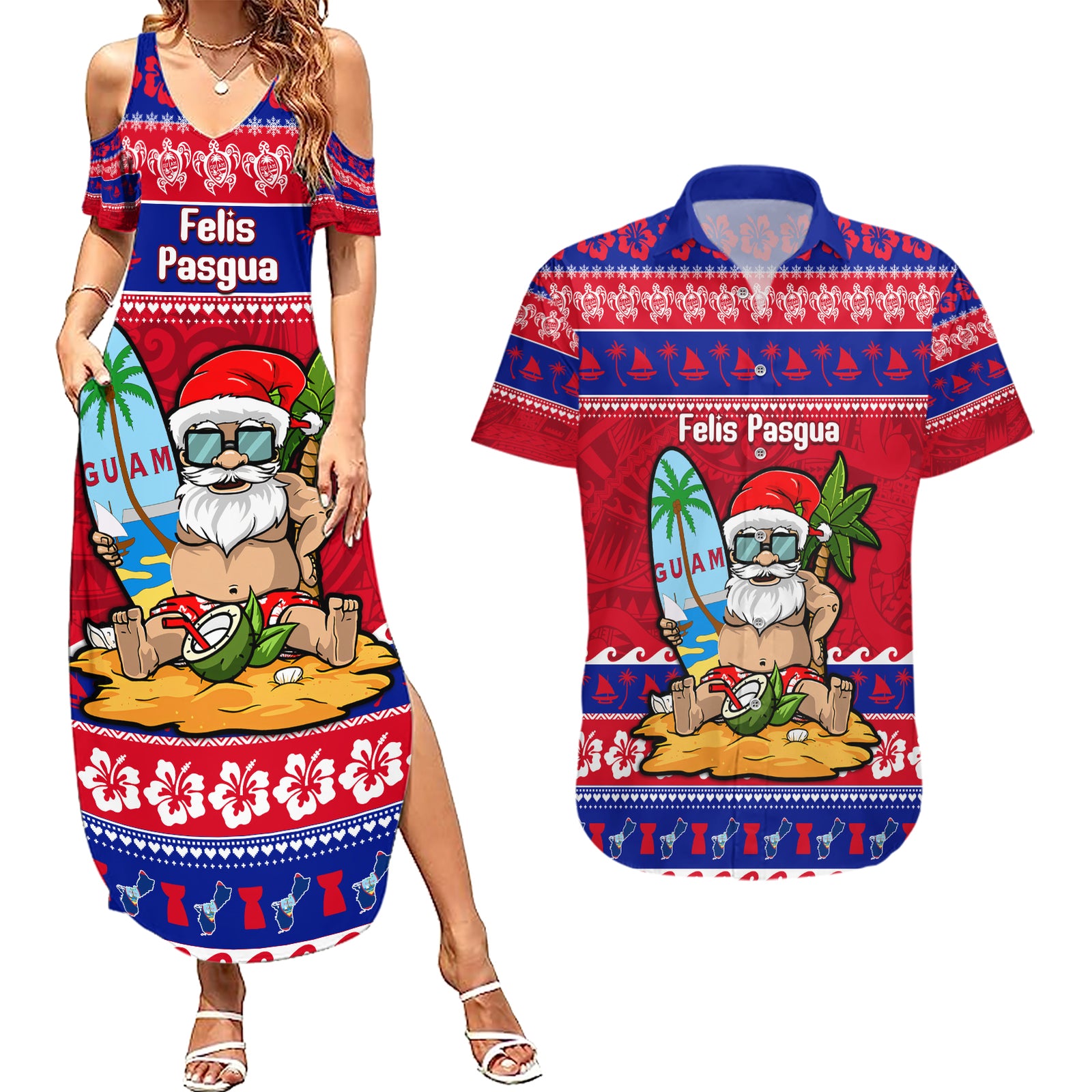 Custom Guam Christmas Couples Matching Summer Maxi Dress and Hawaiian Shirt Guaman Santas Felis Pasgua LT14 Blue - Polynesian Pride