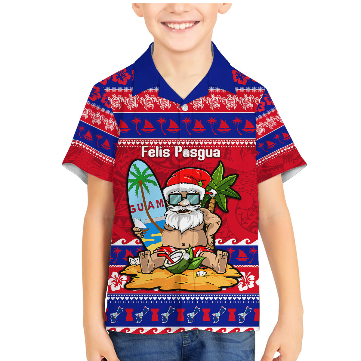 Custom Guam Christmas Family Matching Mermaid Dress and Hawaiian Shirt Guaman Santas Felis Pasgua LT14 Son's Shirt Blue - Polynesian Pride