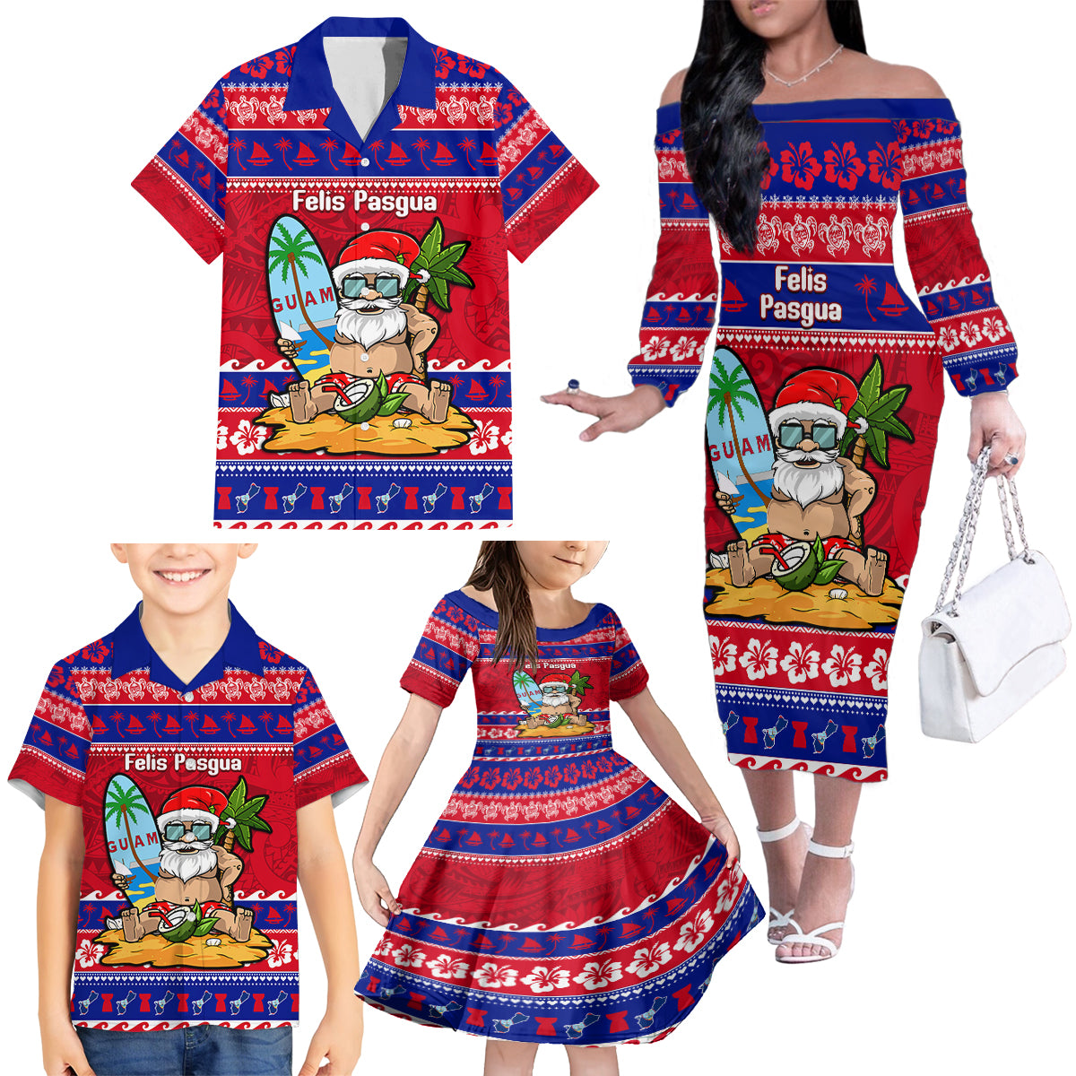 Custom Guam Christmas Family Matching Off Shoulder Long Sleeve Dress and Hawaiian Shirt Guaman Santas Felis Pasgua LT14 - Polynesian Pride