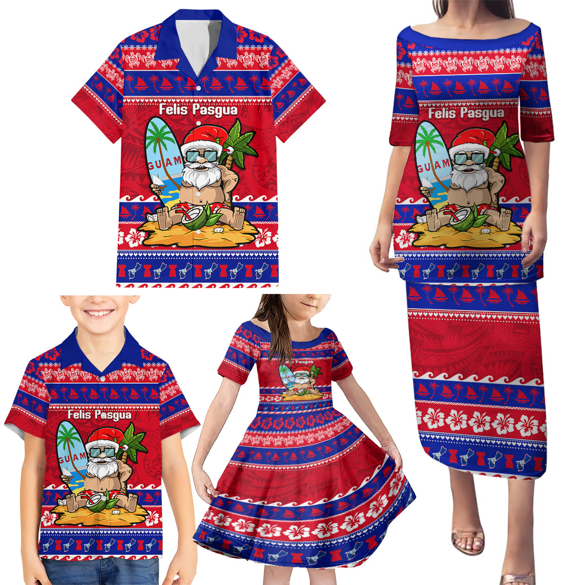 Custom Guam Christmas Family Matching Puletasi Dress and Hawaiian Shirt Guaman Santas Felis Pasgua LT14 - Polynesian Pride