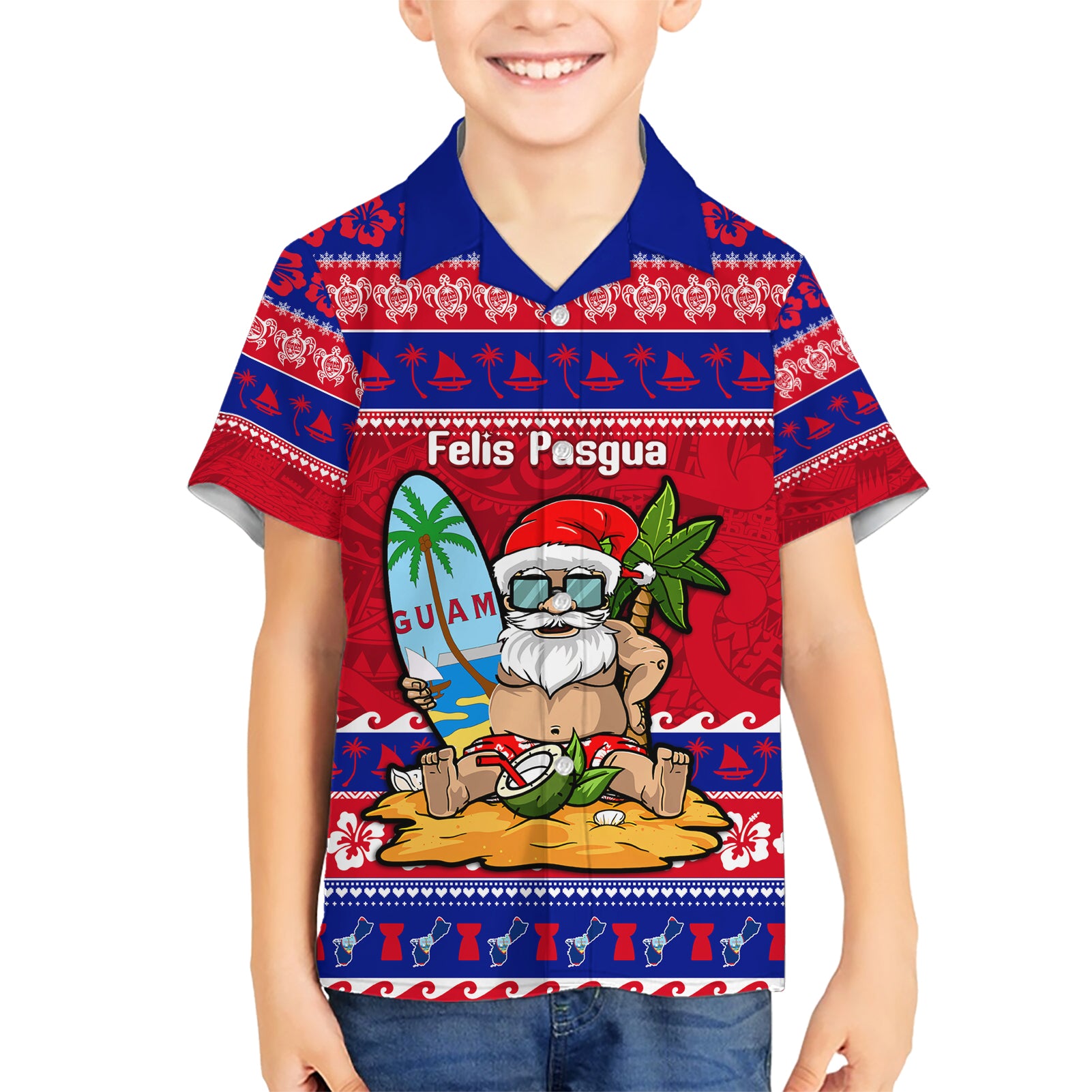 Custom Guam Christmas Kid Hawaiian Shirt Guaman Santas Felis Pasgua LT14 Kid Blue - Polynesian Pride