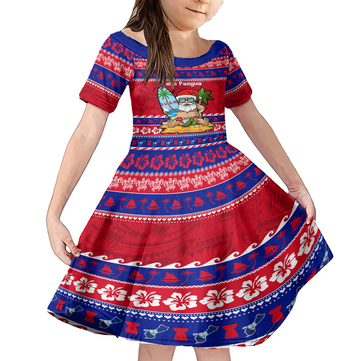 Custom Guam Christmas Kid Short Sleeve Dress Guaman Santas Felis Pasgua LT14 KID Blue - Polynesian Pride