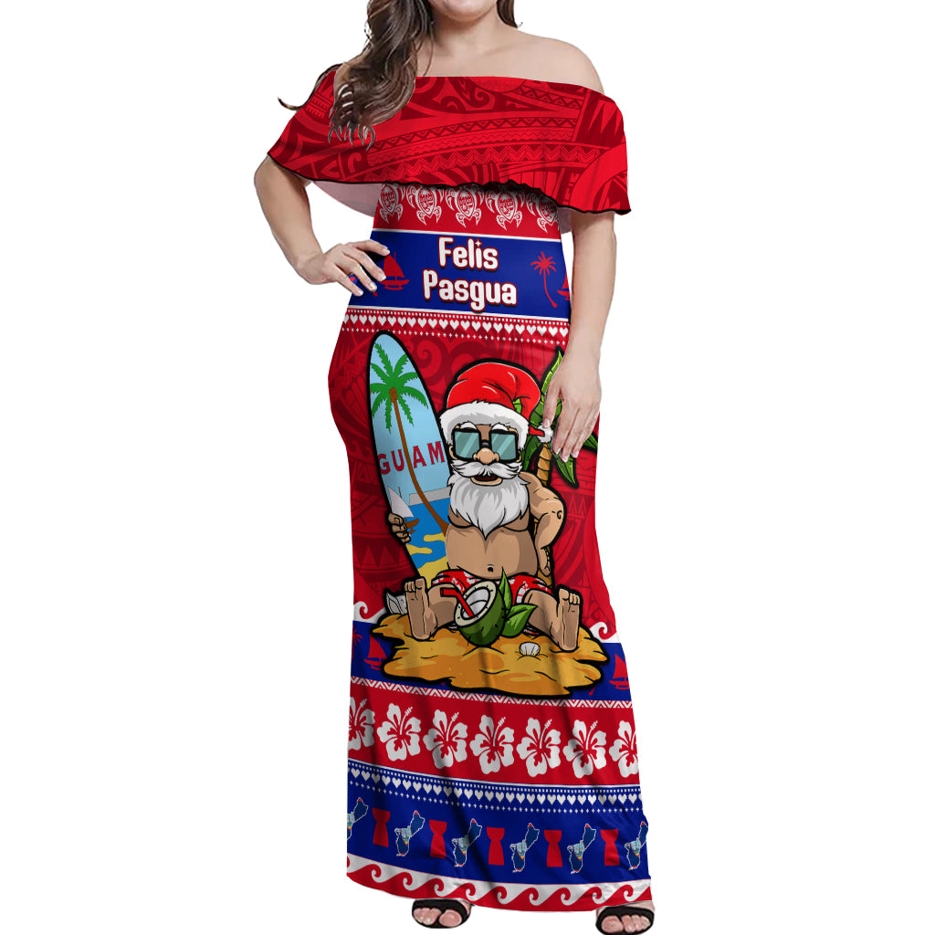 Custom Guam Christmas Off Shoulder Maxi Dress Guaman Santas Felis Pasgua LT14 Women Blue - Polynesian Pride