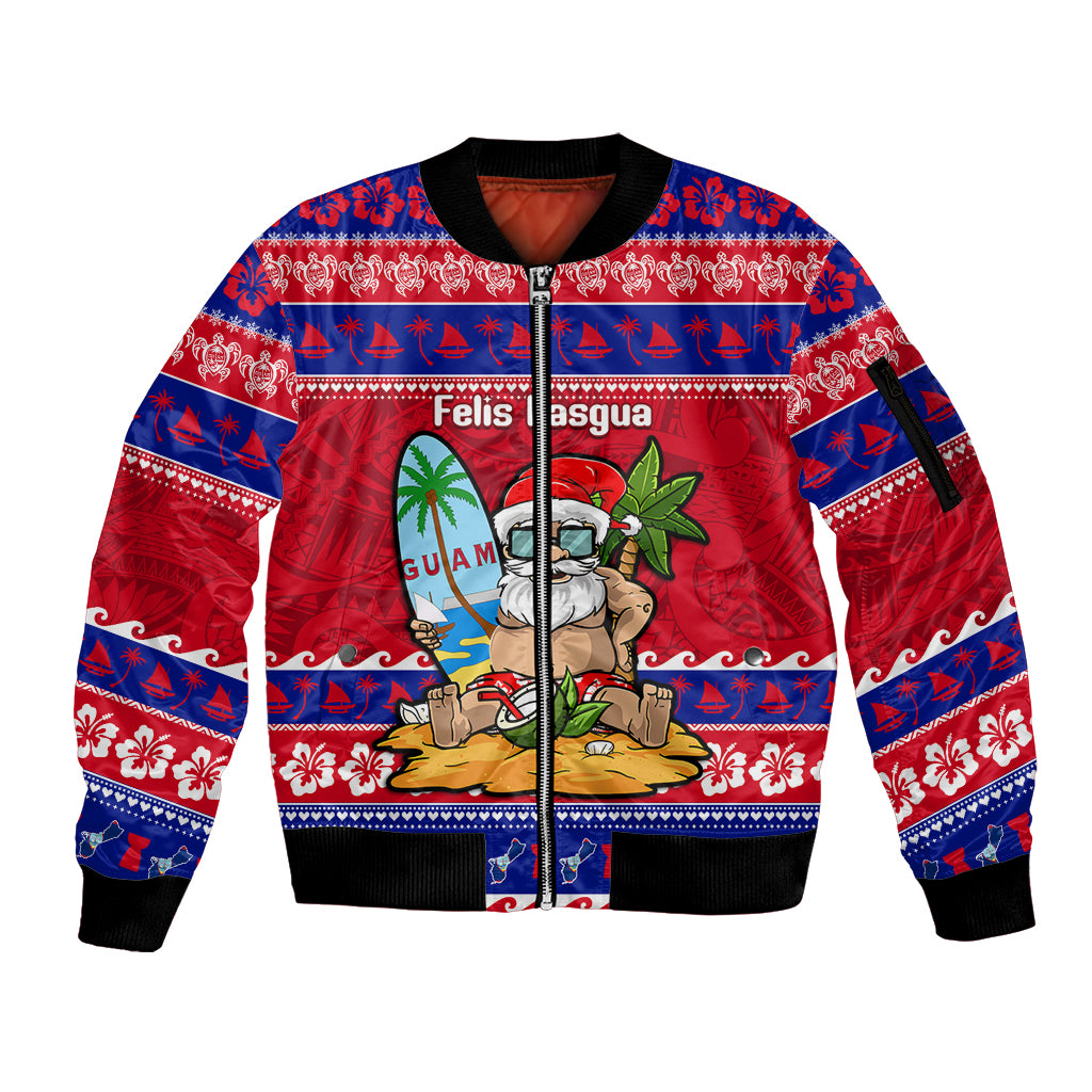 Custom Guam Christmas Sleeve Zip Bomber Jacket Guaman Santas Felis Pasgua LT14 Unisex Blue - Polynesian Pride