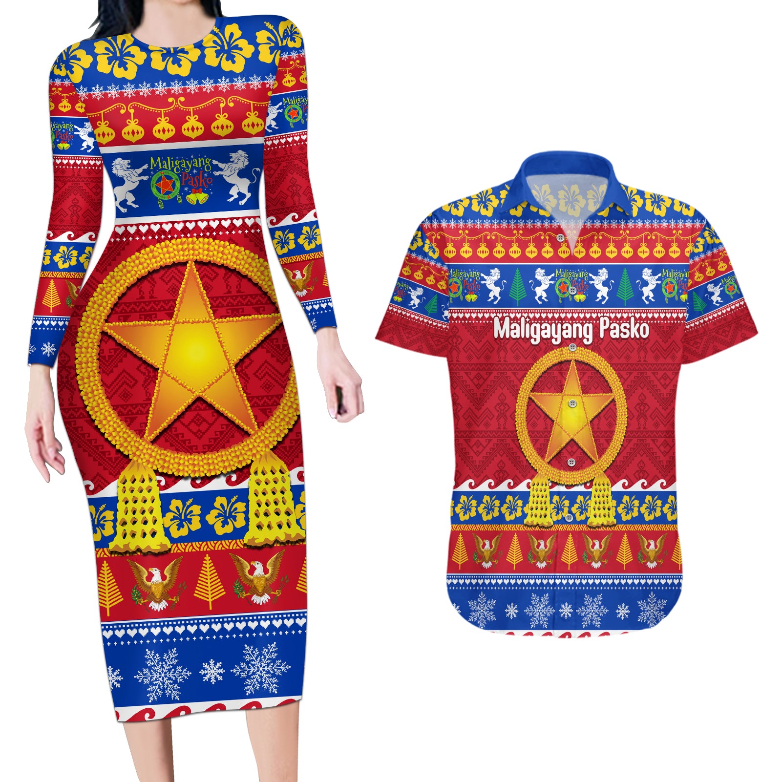 Custom Philippines Christmas Couples Matching Long Sleeve Bodycon Dress and Hawaiian Shirt Filipino Parol Maligayang Pasko LT14 Blue - Polynesian Pride