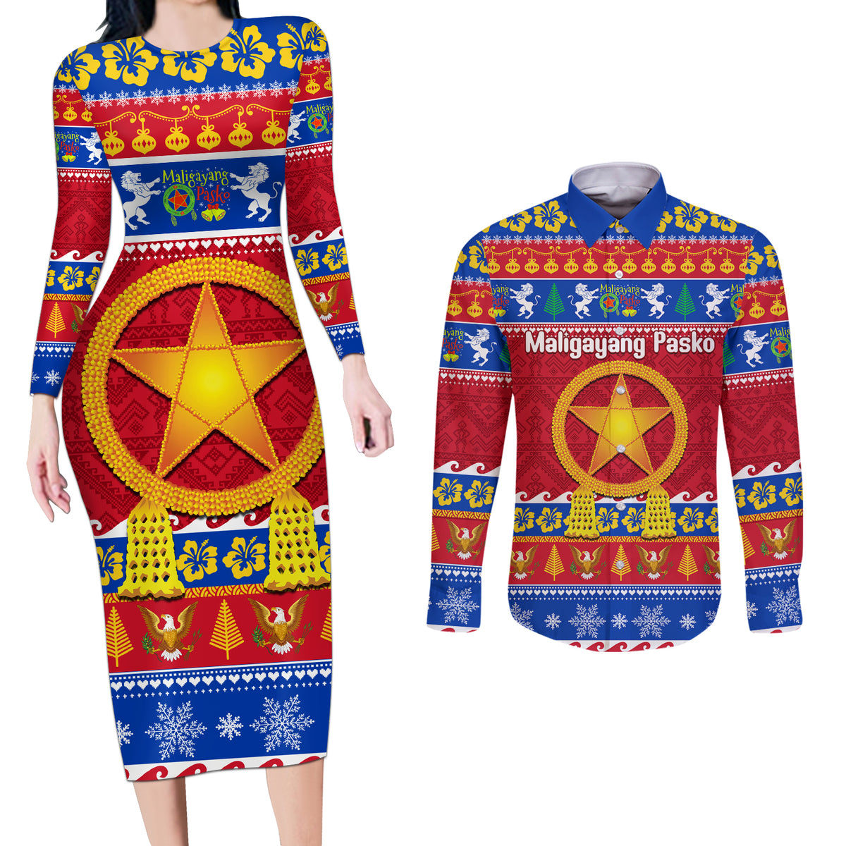 Custom Philippines Christmas Couples Matching Long Sleeve Bodycon Dress and Long Sleeve Button Shirt Filipino Parol Maligayang Pasko LT14 Blue - Polynesian Pride