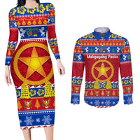 Custom Philippines Christmas Couples Matching Long Sleeve Bodycon Dress and Long Sleeve Button Shirt Filipino Parol Maligayang Pasko LT14 Blue - Polynesian Pride