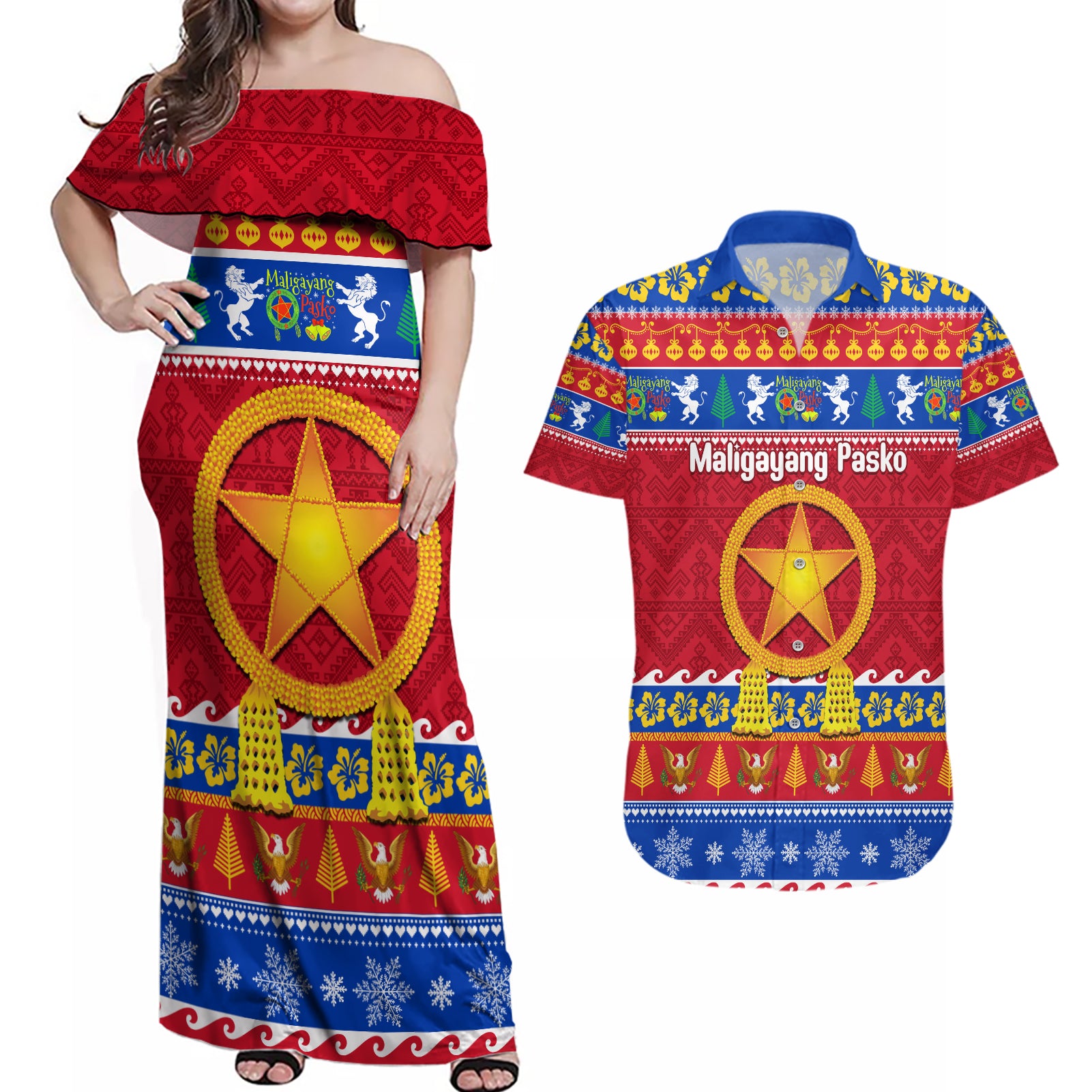 Custom Philippines Christmas Couples Matching Off Shoulder Maxi Dress and Hawaiian Shirt Filipino Parol Maligayang Pasko LT14 Blue - Polynesian Pride