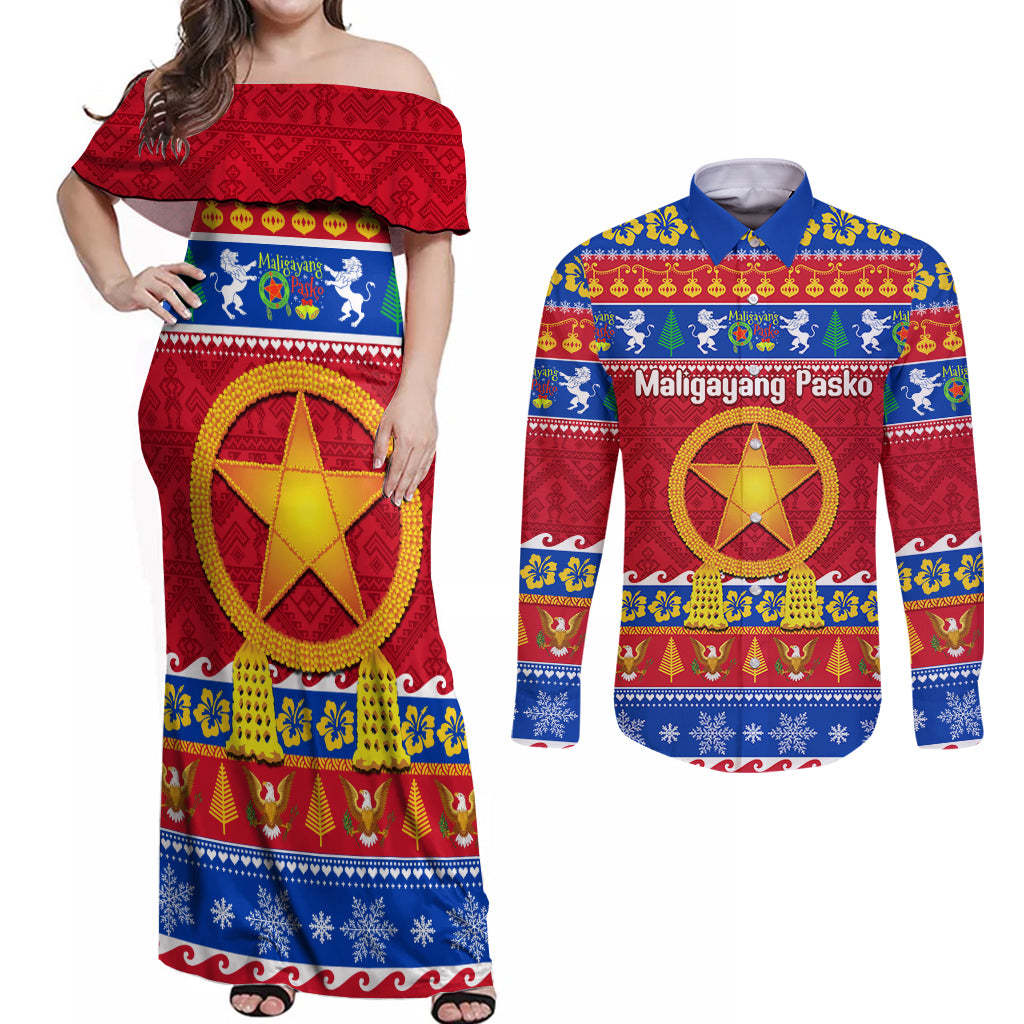 Custom Philippines Christmas Couples Matching Off Shoulder Maxi Dress and Long Sleeve Button Shirt Filipino Parol Maligayang Pasko LT14 Blue - Polynesian Pride