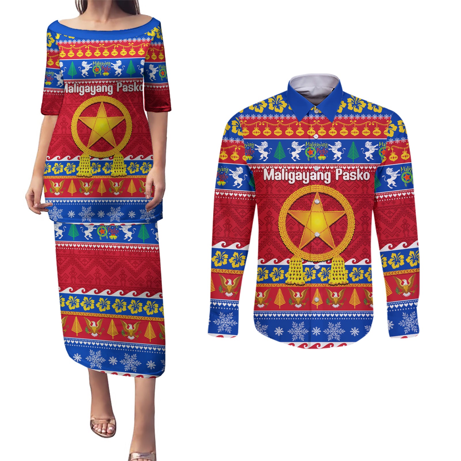 Custom Philippines Christmas Couples Matching Puletasi Dress and Long Sleeve Button Shirt Filipino Parol Maligayang Pasko LT14 Blue - Polynesian Pride