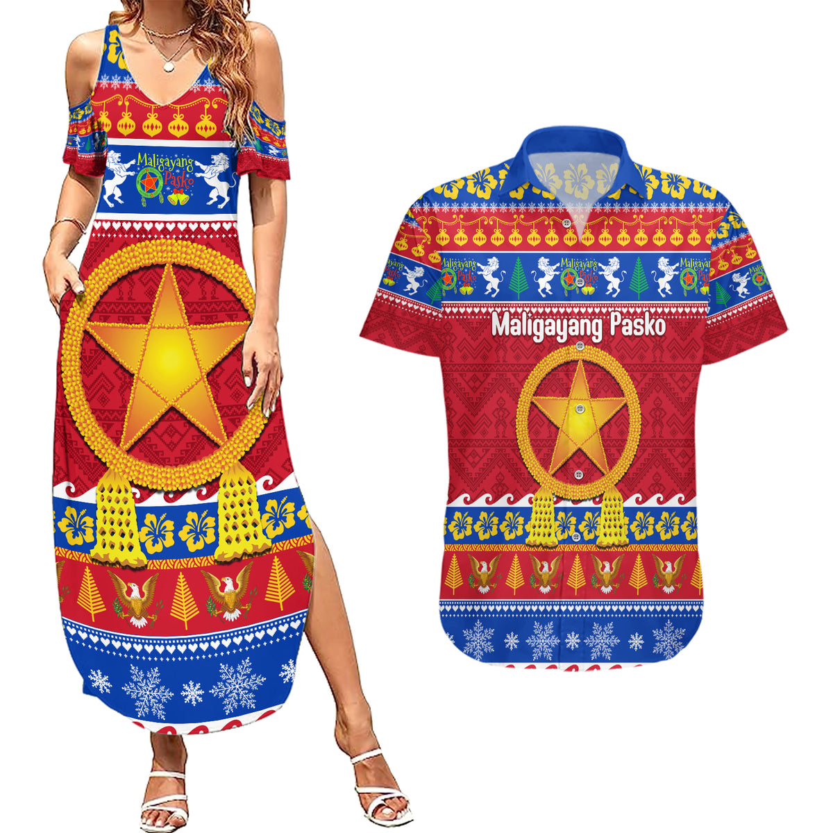 Custom Philippines Christmas Couples Matching Summer Maxi Dress and Hawaiian Shirt Filipino Parol Maligayang Pasko LT14 Blue - Polynesian Pride