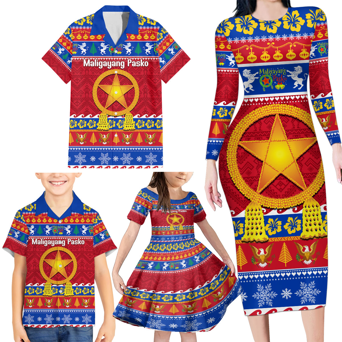 Custom Philippines Christmas Family Matching Long Sleeve Bodycon Dress and Hawaiian Shirt Filipino Parol Maligayang Pasko LT14 - Polynesian Pride