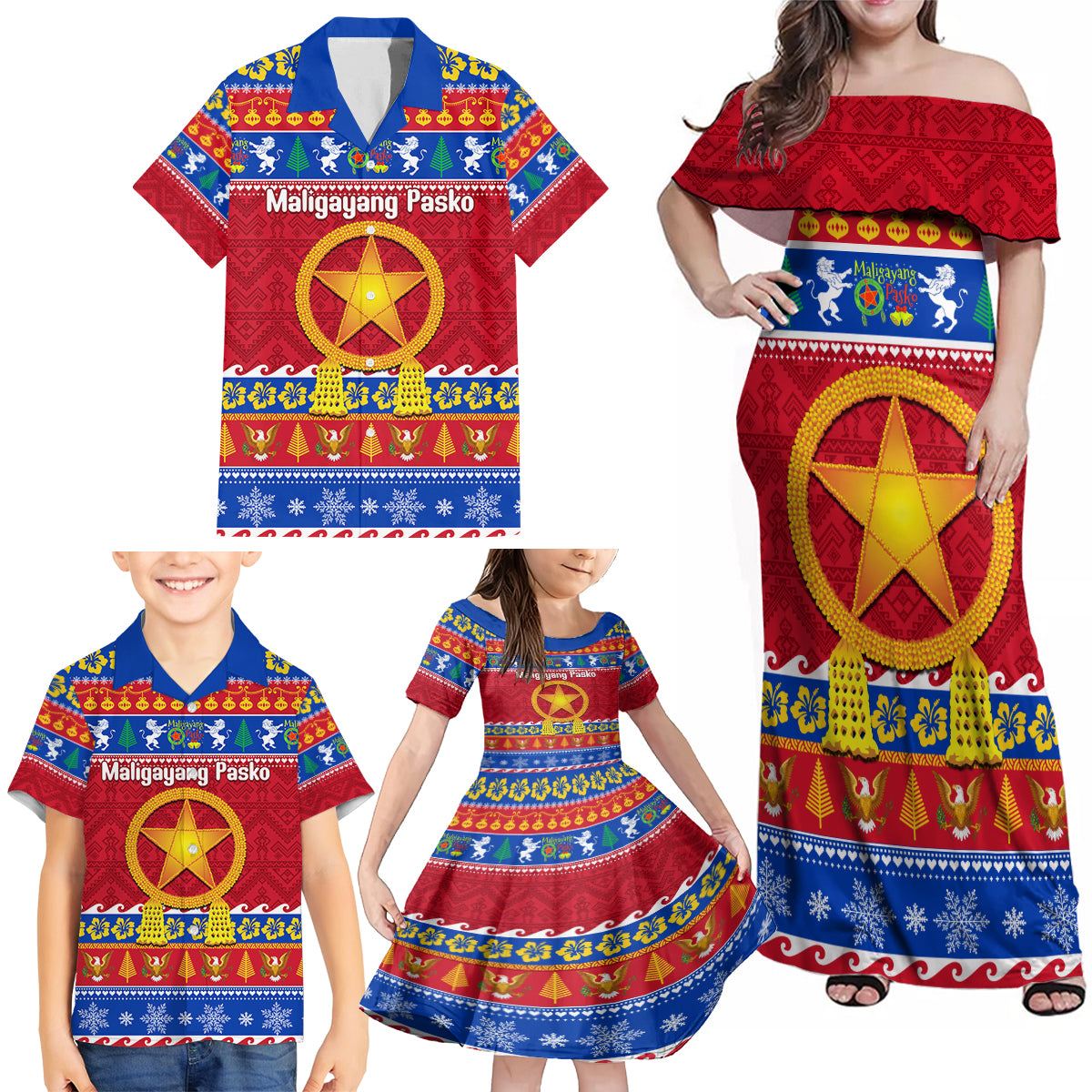 Custom Philippines Christmas Family Matching Off Shoulder Maxi Dress and Hawaiian Shirt Filipino Parol Maligayang Pasko LT14 - Polynesian Pride