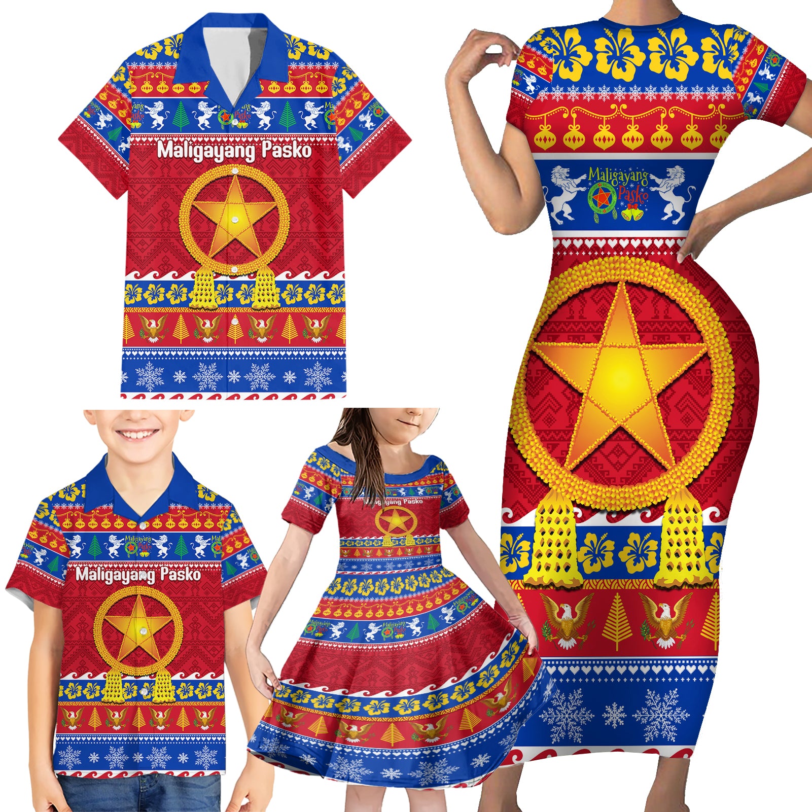 Custom Philippines Christmas Family Matching Short Sleeve Bodycon Dress and Hawaiian Shirt Filipino Parol Maligayang Pasko LT14 - Polynesian Pride