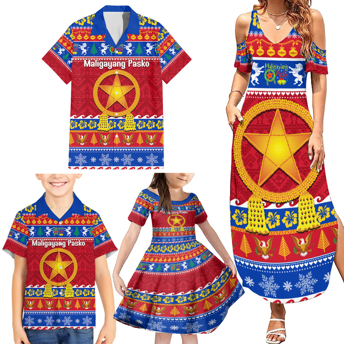 Custom Philippines Christmas Family Matching Summer Maxi Dress and Hawaiian Shirt Filipino Parol Maligayang Pasko LT14 - Polynesian Pride