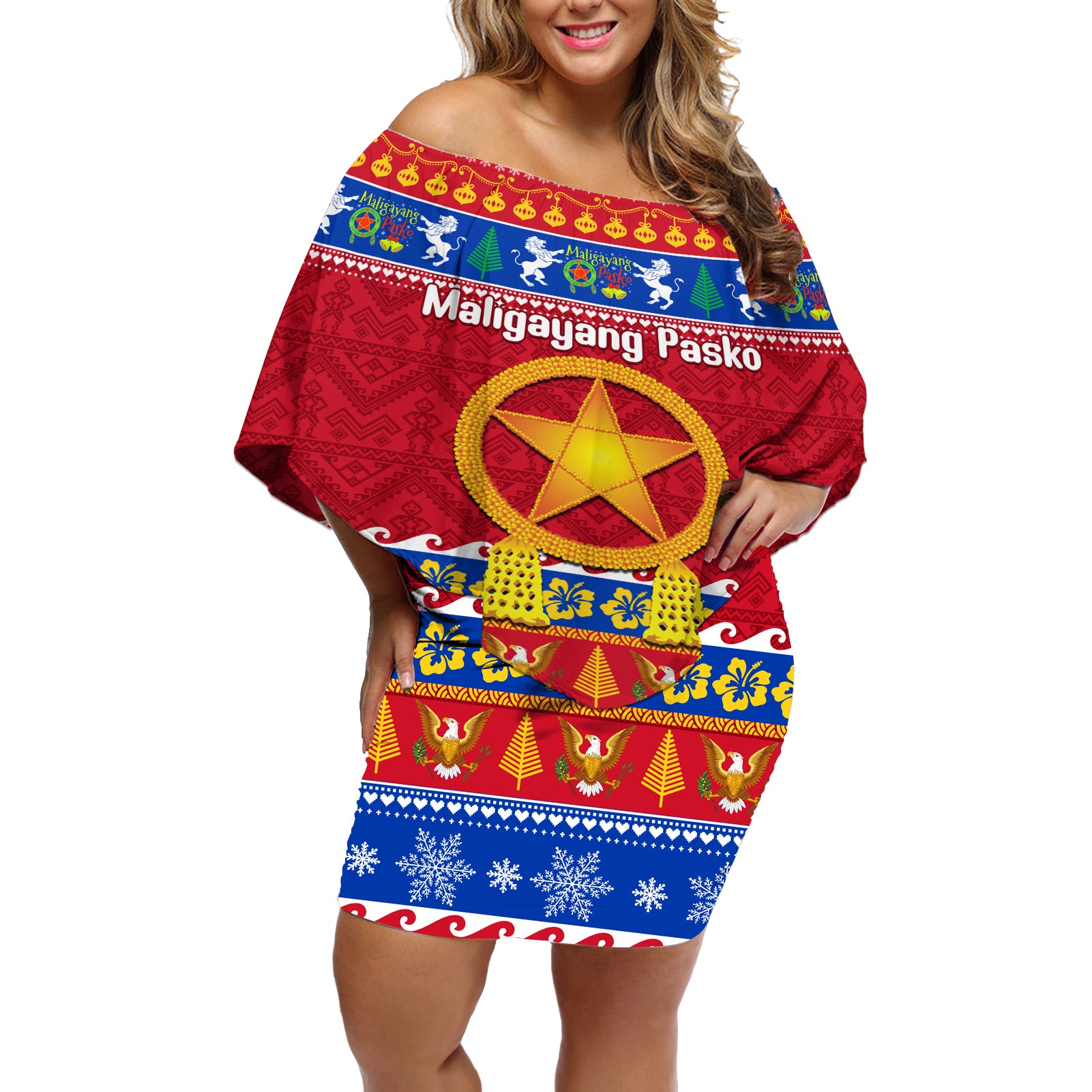 Custom Philippines Christmas Off Shoulder Short Dress Filipino Parol Maligayang Pasko LT14 Women Blue - Polynesian Pride