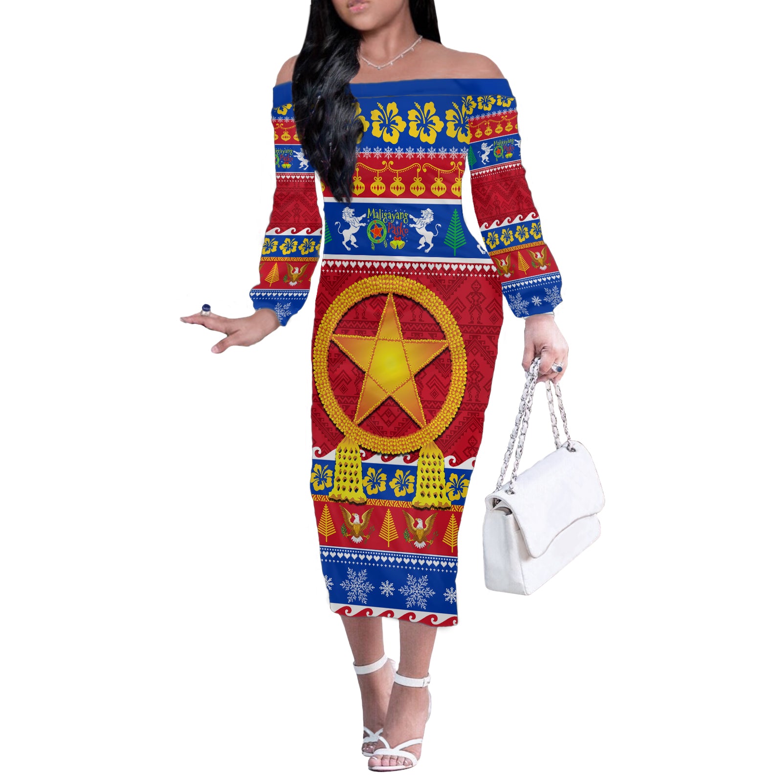 Custom Philippines Christmas Off The Shoulder Long Sleeve Dress Filipino Parol Maligayang Pasko LT14 Women Blue - Polynesian Pride