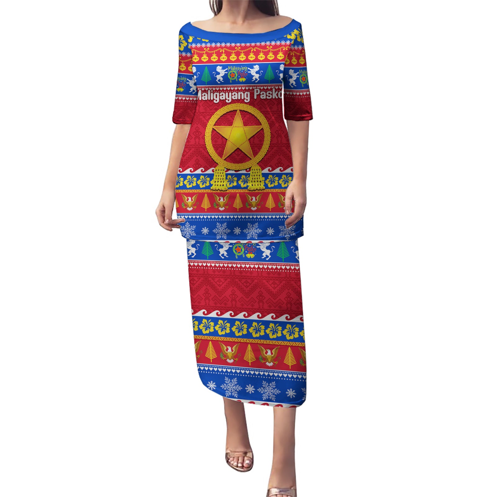 Custom Philippines Christmas Puletasi Filipino Parol Maligayang Pasko LT14 Long Dress Blue - Polynesian Pride