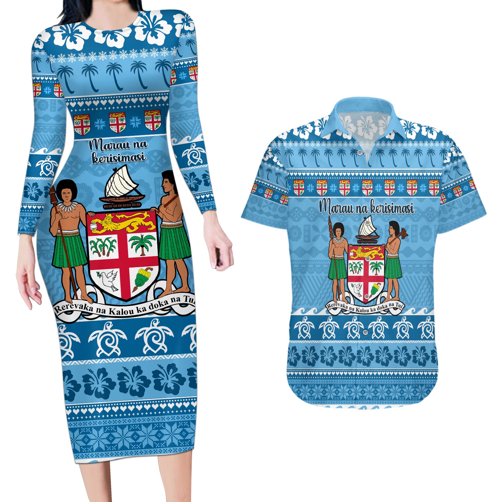 Custom Fiji Christmas Couples Matching Long Sleeve Bodycon Dress and Hawaiian Shirt Fijian Tapa Marau na Kerisimasi LT14 Blue - Polynesian Pride