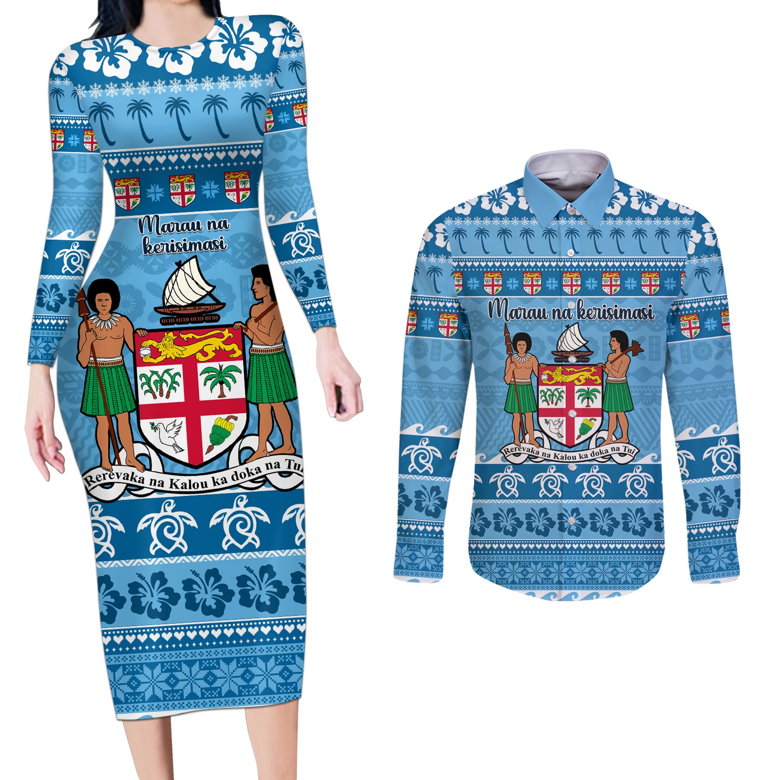 Custom Fiji Christmas Couples Matching Long Sleeve Bodycon Dress and Long Sleeve Button Shirt Fijian Tapa Marau na Kerisimasi LT14 Blue - Polynesian Pride