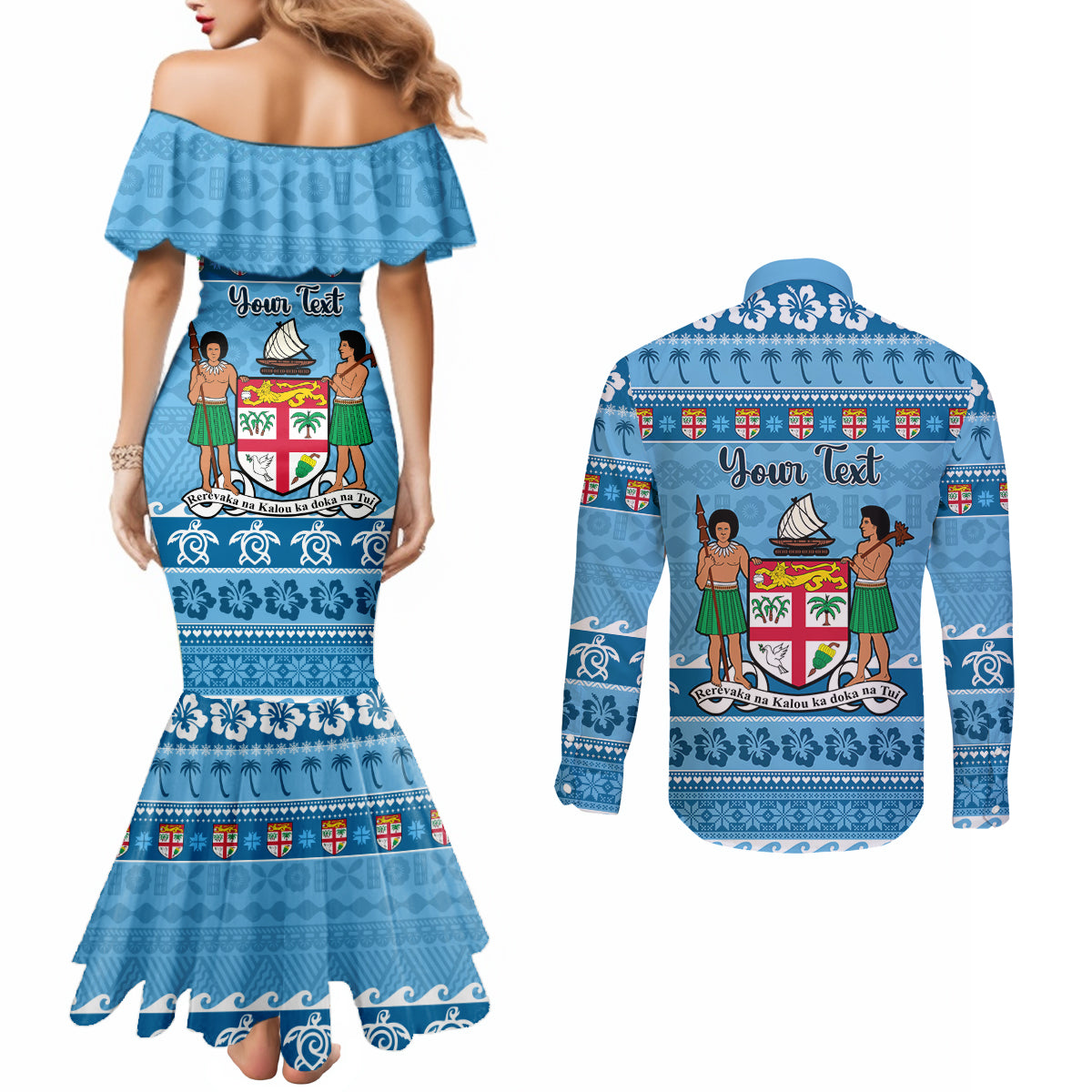 Custom Fiji Christmas Couples Matching Mermaid Dress and Long Sleeve Button Shirt Fijian Tapa Marau na Kerisimasi LT14 - Polynesian Pride
