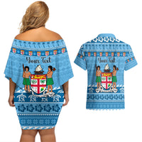 Custom Fiji Christmas Couples Matching Off Shoulder Short Dress and Hawaiian Shirt Fijian Tapa Marau na Kerisimasi LT14 - Polynesian Pride