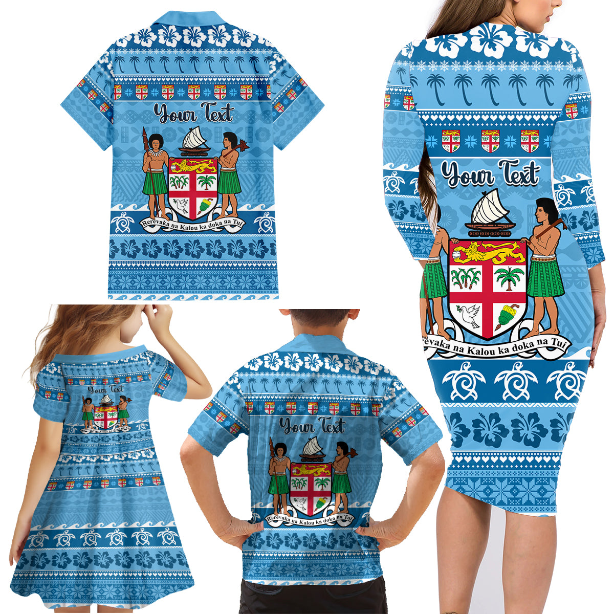 Custom Fiji Christmas Family Matching Long Sleeve Bodycon Dress and Hawaiian Shirt Fijian Tapa Marau na Kerisimasi LT14 - Polynesian Pride