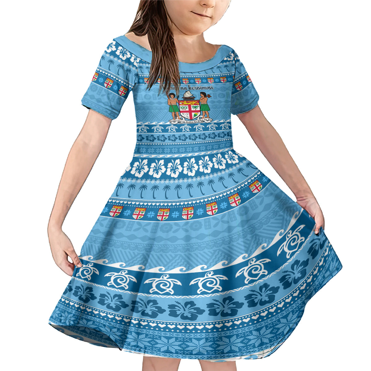 Custom Fiji Christmas Family Matching Mermaid Dress and Hawaiian Shirt Fijian Tapa Marau na Kerisimasi LT14 Daughter's Dress Blue - Polynesian Pride