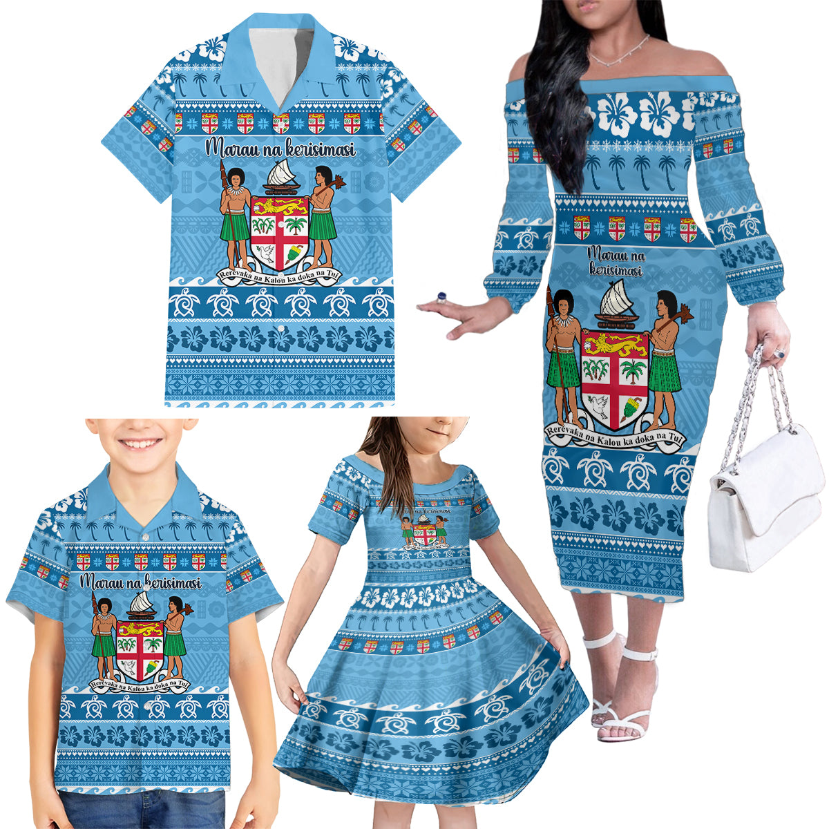 Custom Fiji Christmas Family Matching Off Shoulder Long Sleeve Dress and Hawaiian Shirt Fijian Tapa Marau na Kerisimasi LT14 - Polynesian Pride