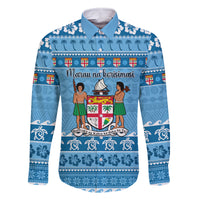 Custom Fiji Christmas Family Matching Off Shoulder Long Sleeve Dress and Hawaiian Shirt Fijian Tapa Marau na Kerisimasi LT14 Dad's Shirt - Long Sleeve Blue - Polynesian Pride