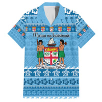 Custom Fiji Christmas Family Matching Puletasi Dress and Hawaiian Shirt Fijian Tapa Marau na Kerisimasi LT14 Dad's Shirt - Short Sleeve Blue - Polynesian Pride