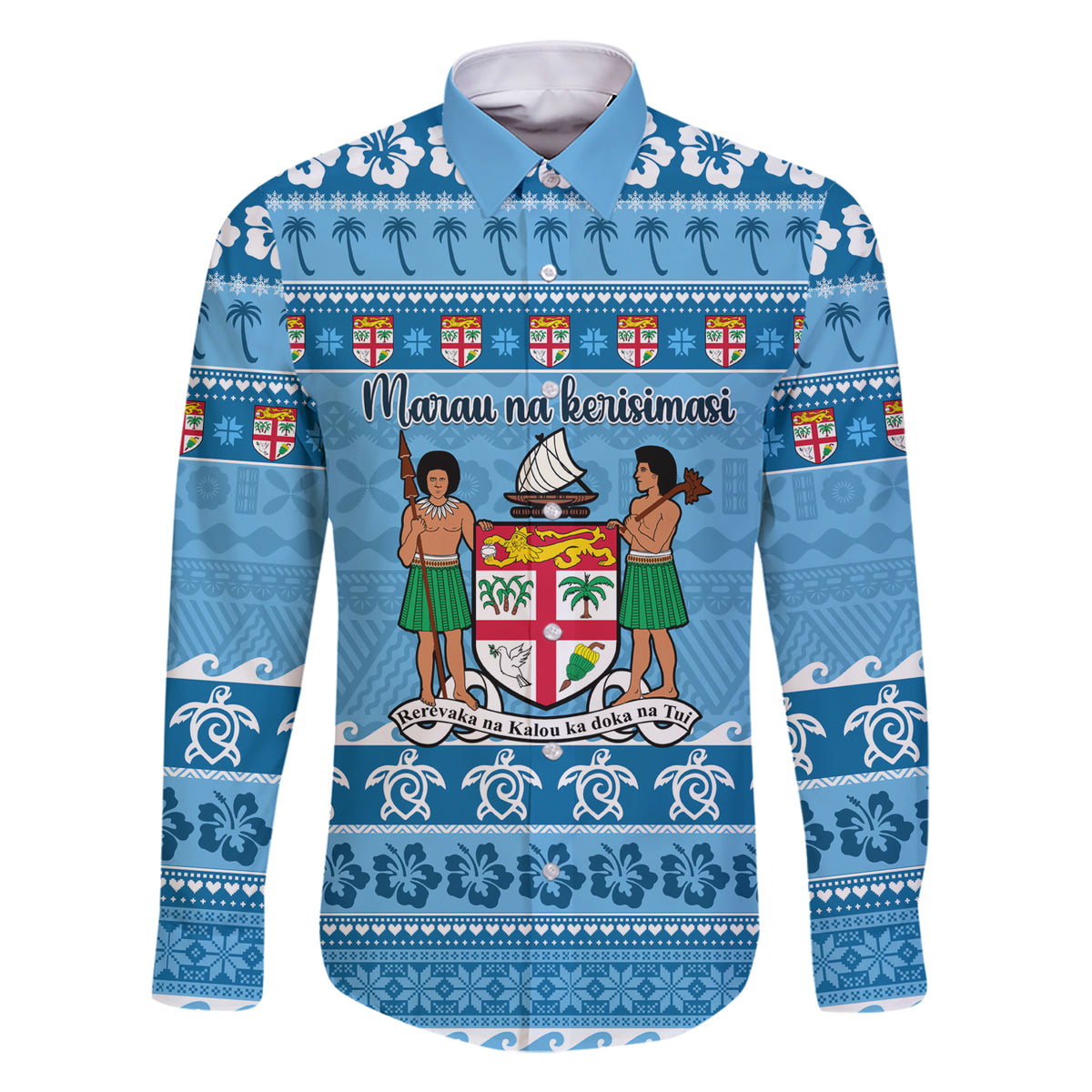 Custom Fiji Christmas Family Matching Short Sleeve Bodycon Dress and Hawaiian Shirt Fijian Tapa Marau na Kerisimasi LT14 Dad's Shirt - Long Sleeve Blue - Polynesian Pride