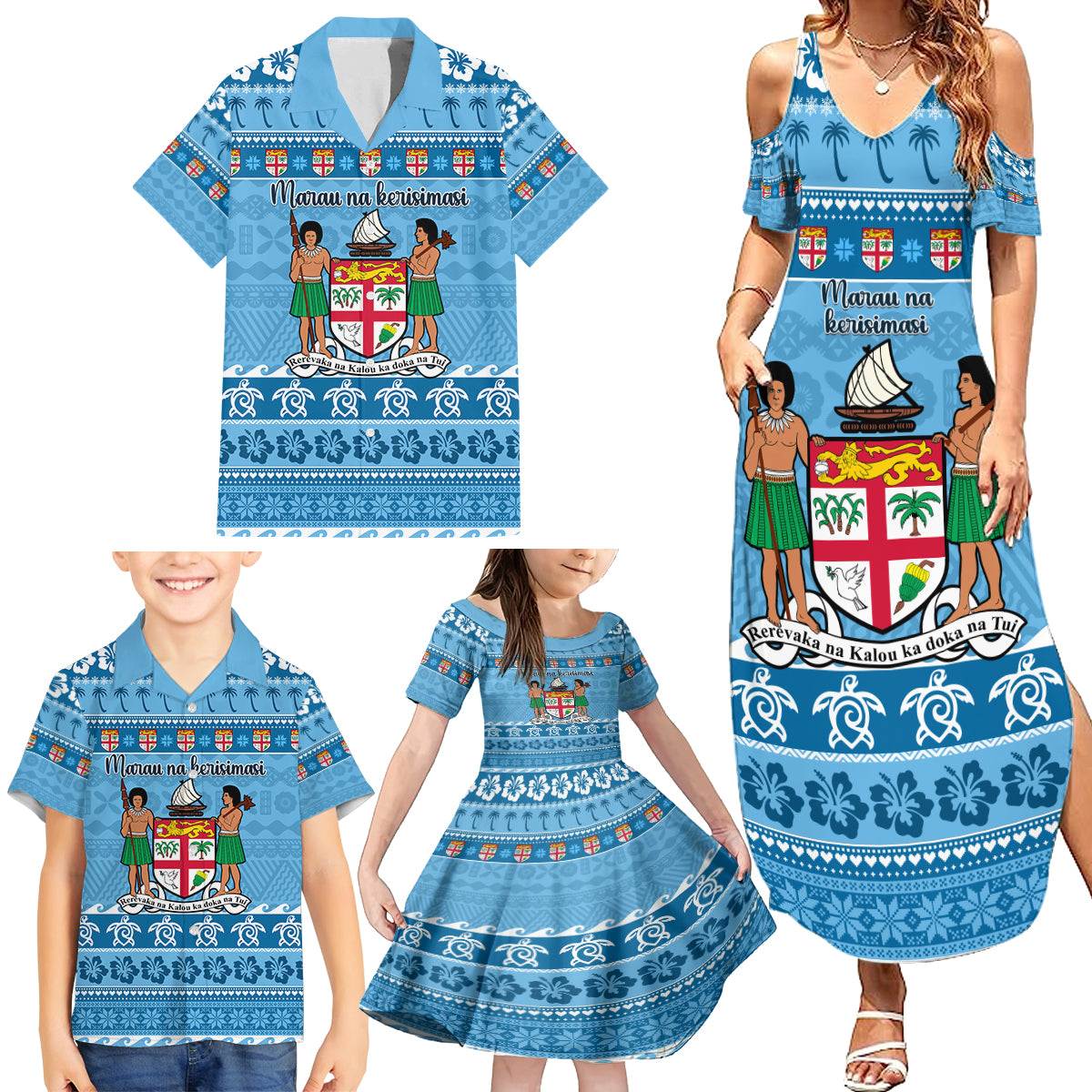 Custom Fiji Christmas Family Matching Summer Maxi Dress and Hawaiian Shirt Fijian Tapa Marau na Kerisimasi LT14 - Polynesian Pride