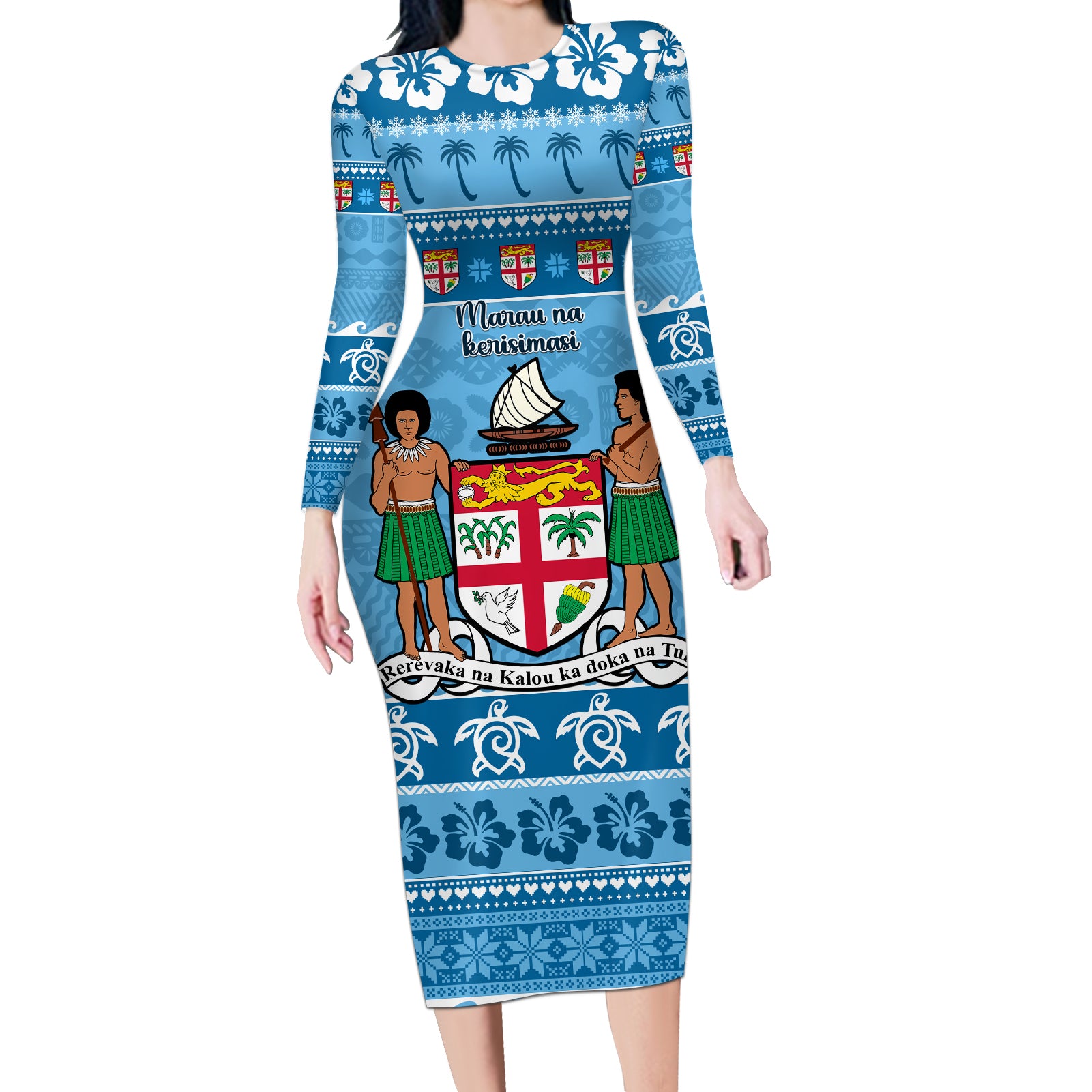 Custom Fiji Christmas Long Sleeve Bodycon Dress Fijian Tapa Marau na Kerisimasi LT14 Long Dress Blue - Polynesian Pride