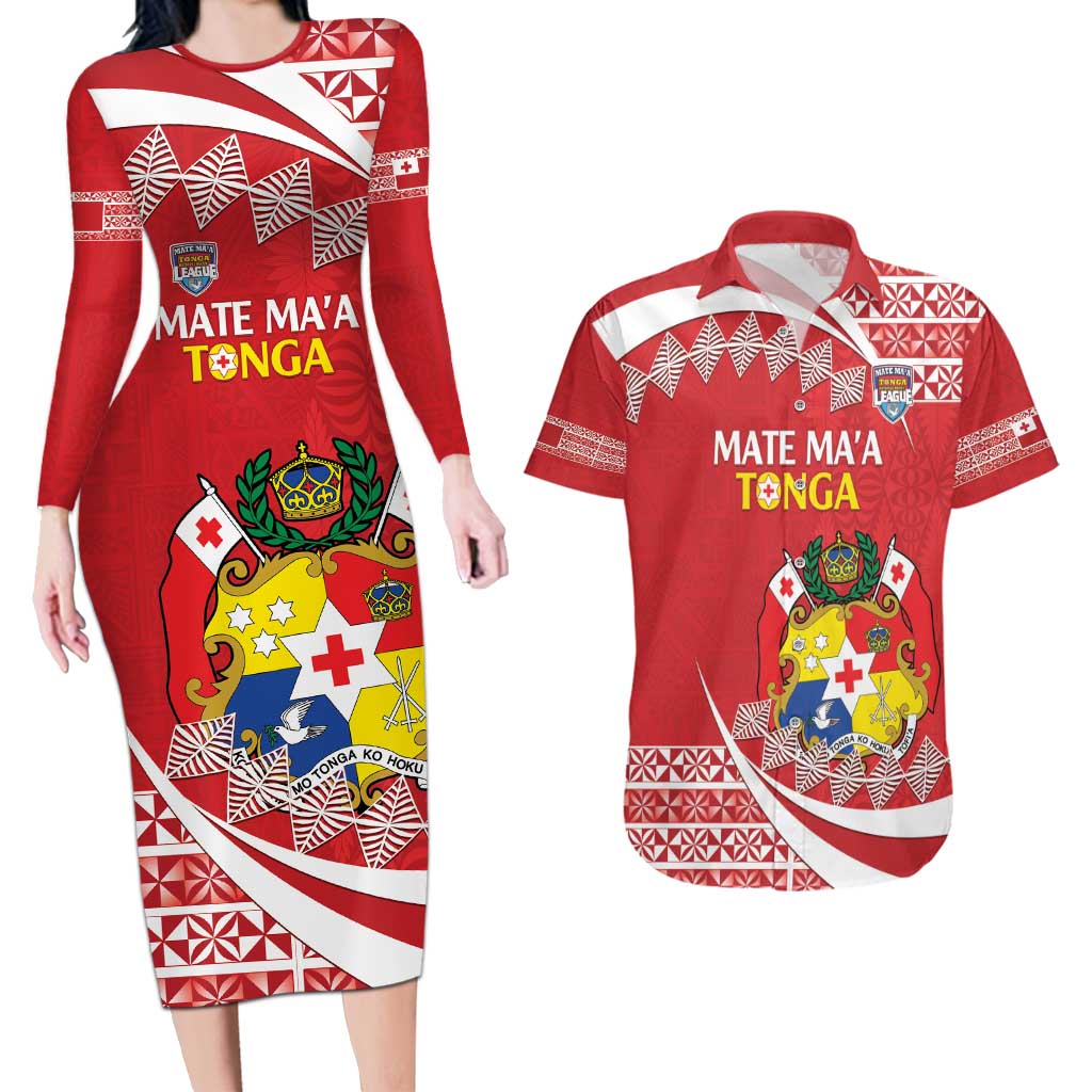 Custom Mate Maa Tonga Couples Matching Long Sleeve Bodycon Dress and Hawaiian Shirt 2024 Go Champions LT14 Red - Polynesian Pride