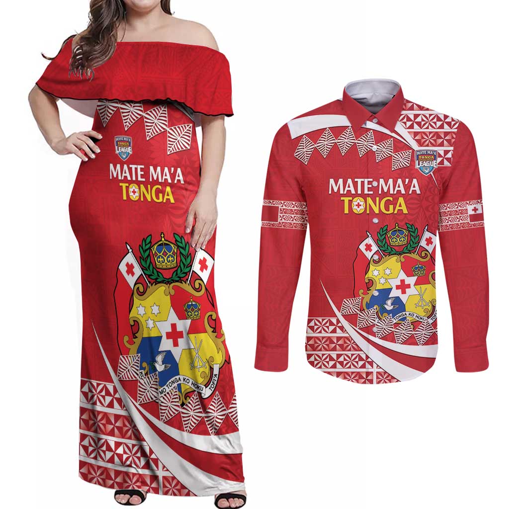 Custom Mate Maa Tonga Couples Matching Off Shoulder Maxi Dress and Long Sleeve Button Shirt 2024 Go Champions LT14 Red - Polynesian Pride