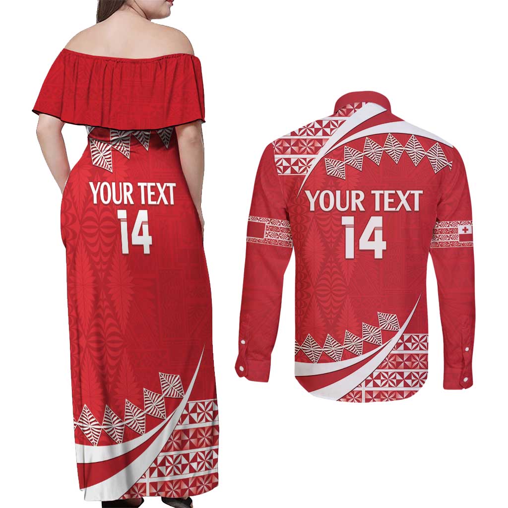 Custom Mate Maa Tonga Couples Matching Off Shoulder Maxi Dress and Long Sleeve Button Shirt 2024 Go Champions LT14 - Polynesian Pride