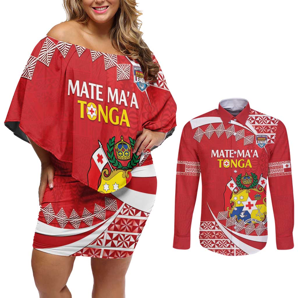 Custom Mate Maa Tonga Couples Matching Off Shoulder Short Dress and Long Sleeve Button Shirt 2024 Go Champions LT14 Red - Polynesian Pride