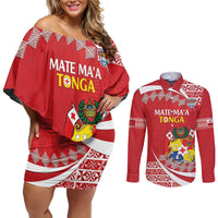Custom Mate Maa Tonga Couples Matching Off Shoulder Short Dress and Long Sleeve Button Shirt 2024 Go Champions LT14 Red - Polynesian Pride