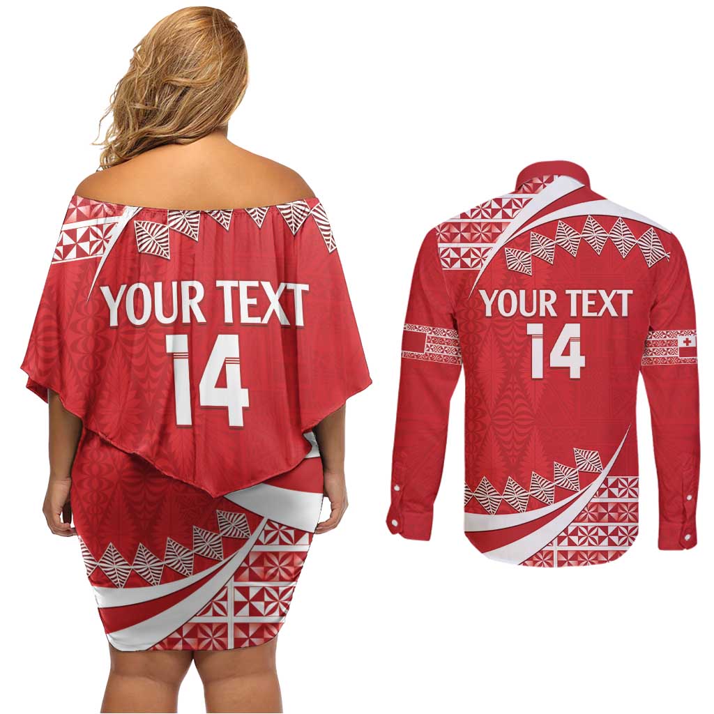 Custom Mate Maa Tonga Couples Matching Off Shoulder Short Dress and Long Sleeve Button Shirt 2024 Go Champions LT14 - Polynesian Pride