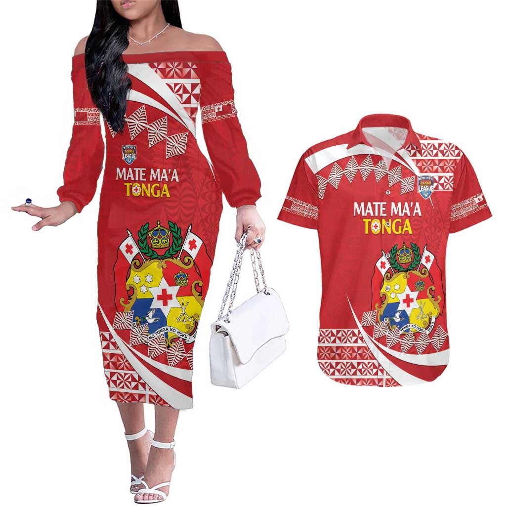 Custom Mate Maa Tonga Couples Matching Off The Shoulder Long Sleeve Dress and Hawaiian Shirt 2024 Go Champions LT14 Red - Polynesian Pride