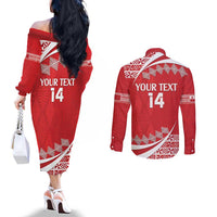 Custom Mate Maa Tonga Couples Matching Off The Shoulder Long Sleeve Dress and Long Sleeve Button Shirt 2024 Go Champions LT14 - Polynesian Pride
