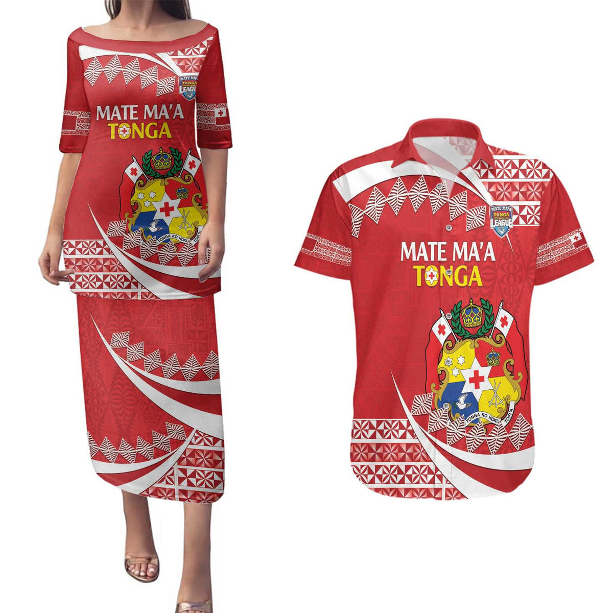Custom Mate Maa Tonga Couples Matching Puletasi and Hawaiian Shirt 2024 Go Champions LT14 Red - Polynesian Pride