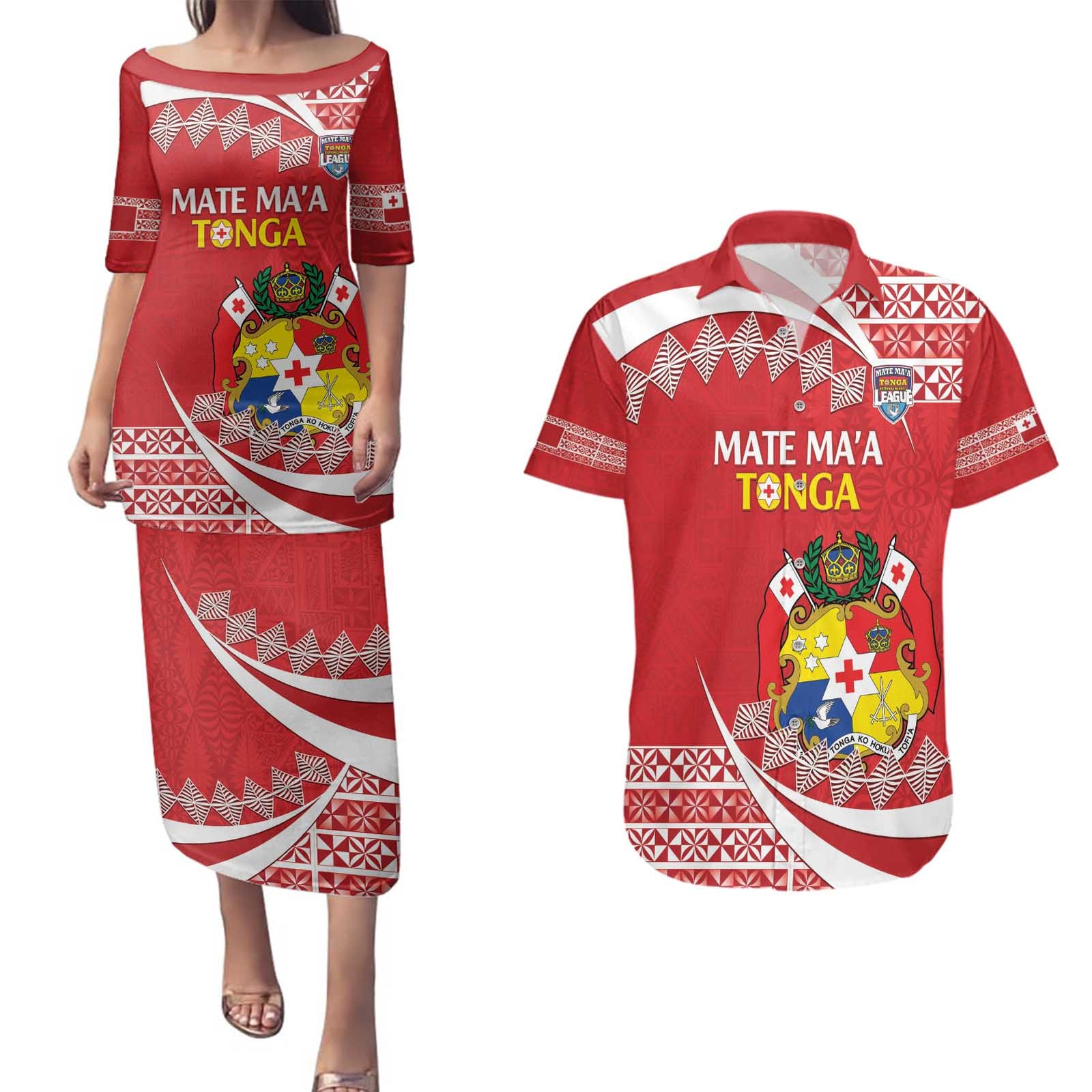 Custom Mate Maa Tonga Couples Matching Puletasi and Hawaiian Shirt 2024 Go Champions LT14 Red - Polynesian Pride