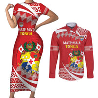 Custom Mate Maa Tonga Couples Matching Short Sleeve Bodycon Dress and Long Sleeve Button Shirt 2024 Go Champions LT14 Red - Polynesian Pride